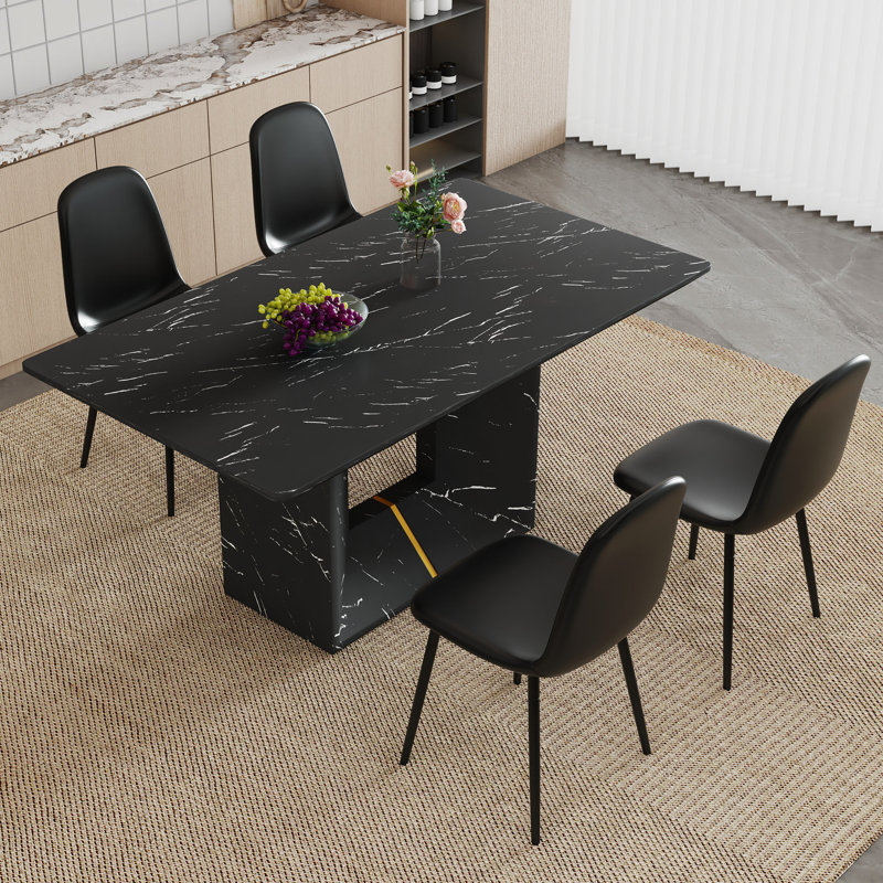 Élégante salle à manger avec table en marbre noir et 4 chaises rembourrées, Noir, 5 pièces: table, 4 chaises