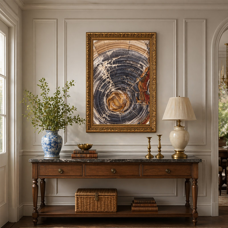 Art mural sur toile, "Petrified Wood Slice" avec anneaux bruns et gris, 18"H x 12"W