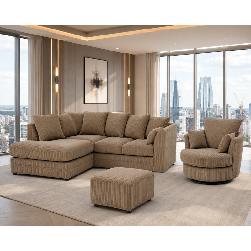 4 Seater Corduroy Sofa & Chaise, Right Hand Facing, Coffee Beige