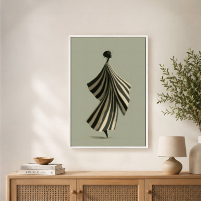 Flowing Striped Dress Mid-Twirl Silhouette Canvas Wall Art with Floating Frame, Ready to Hang