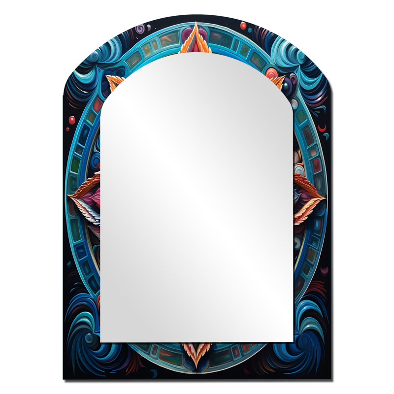 Miroir asymétrique ancien antique coloré mandala V - Boho Mandala, miroir mural unique arche rose, impression d'art en métal