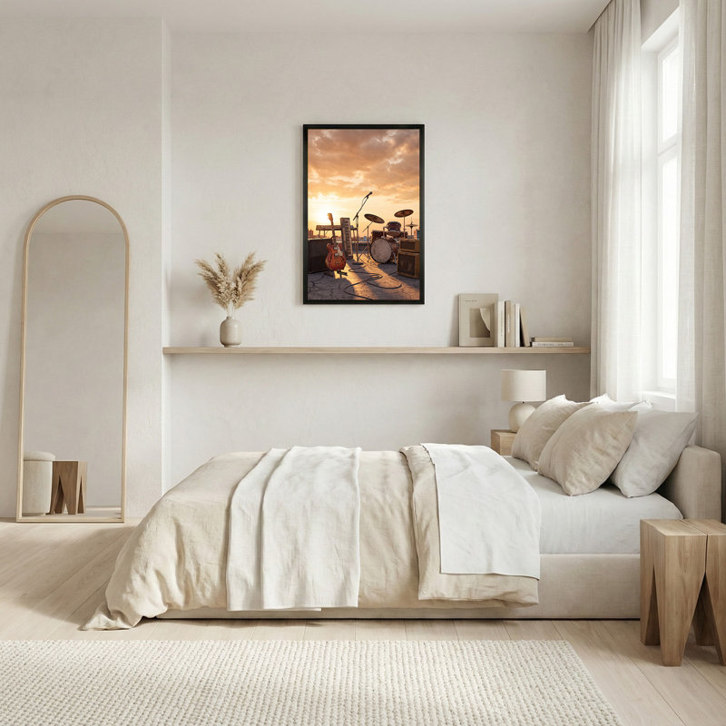 Toile rétro, ensemble de batterie et de batterie sur le toit au coucher du soleil, 30"H x 20"W