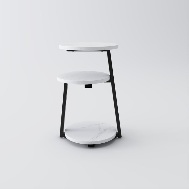 Petite table d'appoint ronde avec rangement à 3 niveaux - table de bout blanche et noire, table de chevet à structure métallique robuste, table basse compacte pour le salon de la chambre à coucher