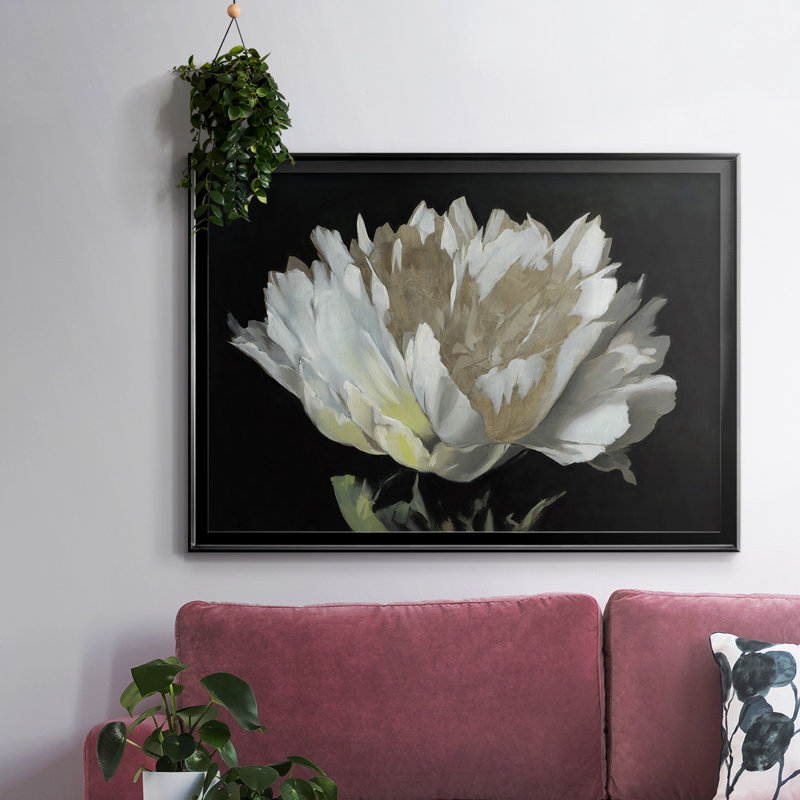 Pivoine blanche encadrée sur toile, Noir, H 30 po x l 44 po x P 1,5 po