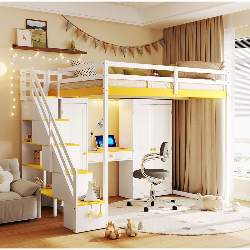 Lit mezzanine double avec escalier de rangement, coiffeuse intégrée avec miroir et tiroir, garde-robe et armoires, ports et lumières de charge USB, blanc et jaune