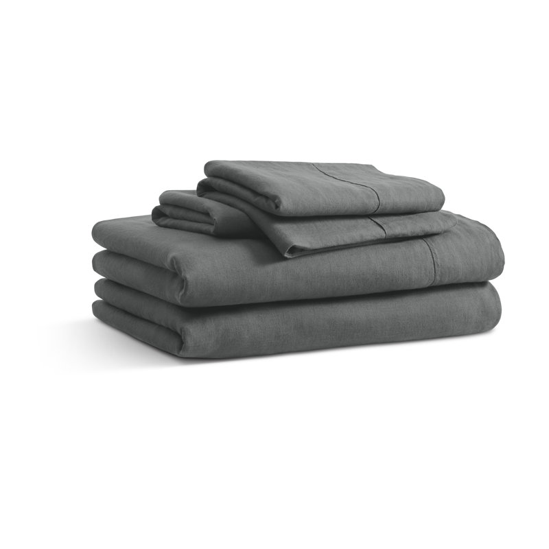 Ensemble de draps en lin délavé à la pierre, Anthracite, Ensemble de draps grand lit + 2 taies d'oreiller