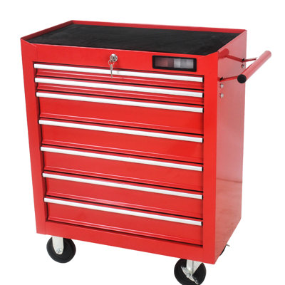 7 Drawer Tool Trolley On Wheels - Black, Lockable Cabinet, Bearing Drawers, Steel, 4 Wheels, 2 With Stoppers Black 7 Cart Movable Compartment, Slides, Steel Construction, Lock