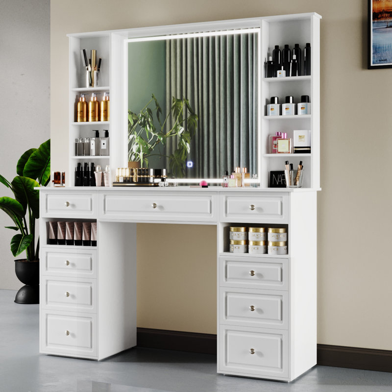 Vanity Desk With Lighted Mirror, 47’’ Ex Large Makeup Vanity Table, 9 Drawer + Adjustable Led Mirror Vanity
