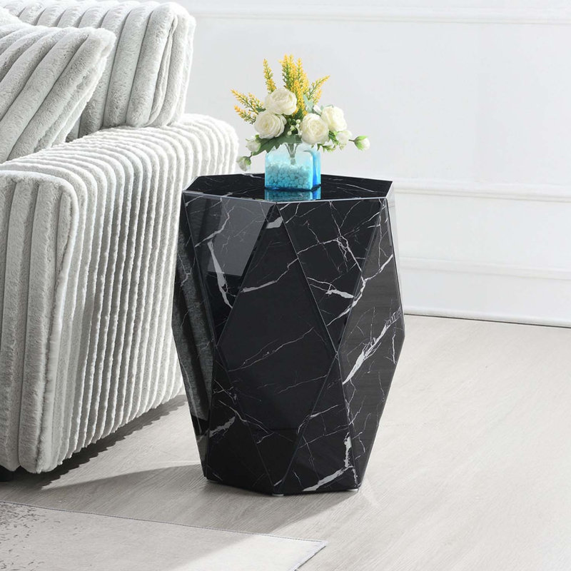 Hexagon End Table, Faux Marble & Black