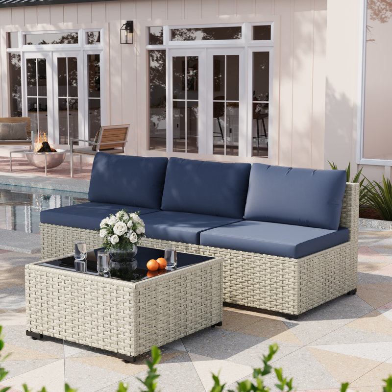 Canapé de patio en rotin 4 pièces avec coussins 4 pièces, Marine