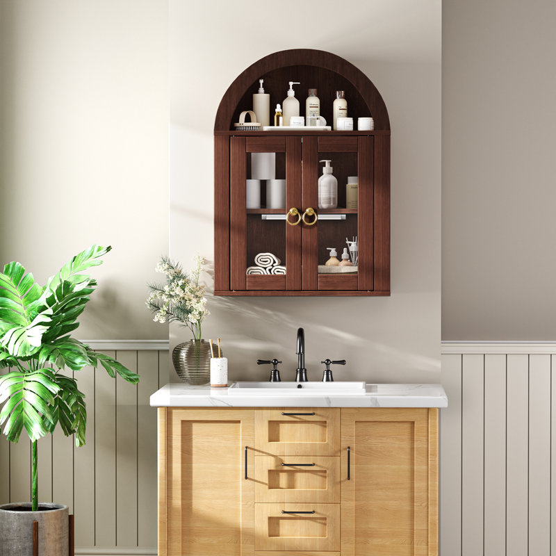 Modern Arched Wall Cabinet With Adjustable Shelves And LED Lighting For Bathroom Medicine Storage, Brown