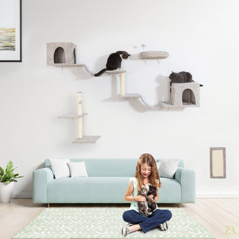 Arbre à chat mural, meuble pour chat avec 2 maisonnettes pour chat, 3 tablettes murales pour chat, 2 échelles, 1 perchoir pour chat, poteaux à griffer et coussin en sisal