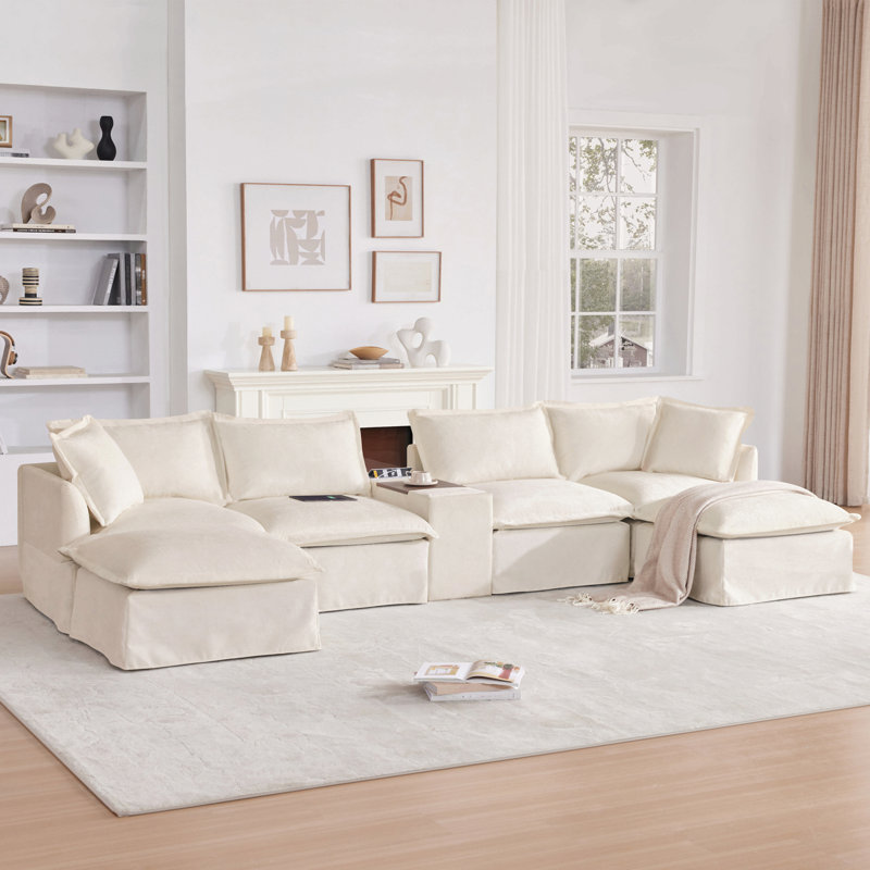 Canapé modulaire de 131 po avec repose-pieds mobile et console, porte-gobelet, siège large, canapé en U de 6 places, canapé en chenille surdimensionné avec chargeur USB pour le salon, un appartement