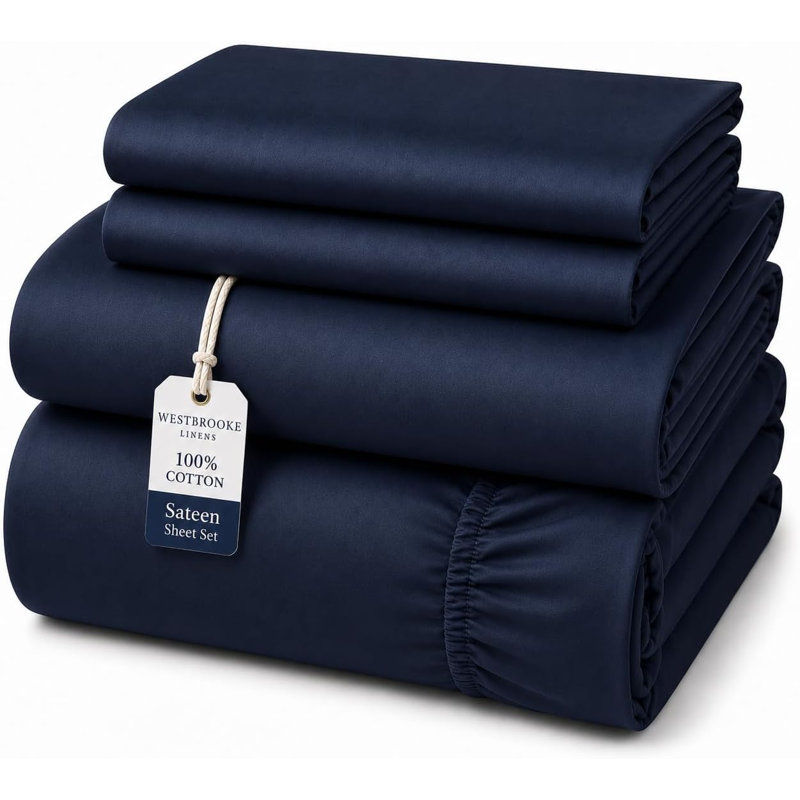 Ensemble de draps 100 % coton pur, 475 fils/cm² - Queen, Grand lit, Bleu très foncé