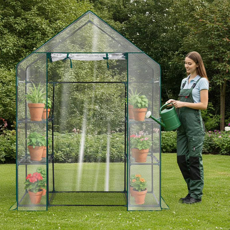 Metal-Framed PE-Covered Mini Walk-In Greenhouse With 4 Shelves, White, 28.74"