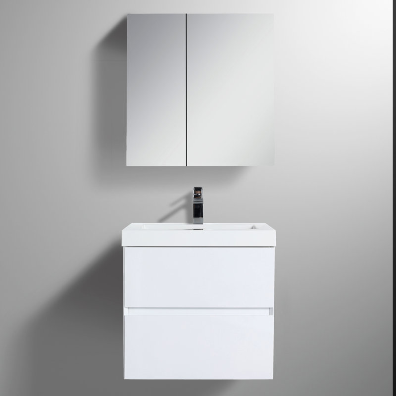 Meuble-lavabo mural 24 po avec lavabo - Armoire murale en bois avec plateau en acrylique, tiroirs à fermeture en douceur et meuble-lavabo simple moderne