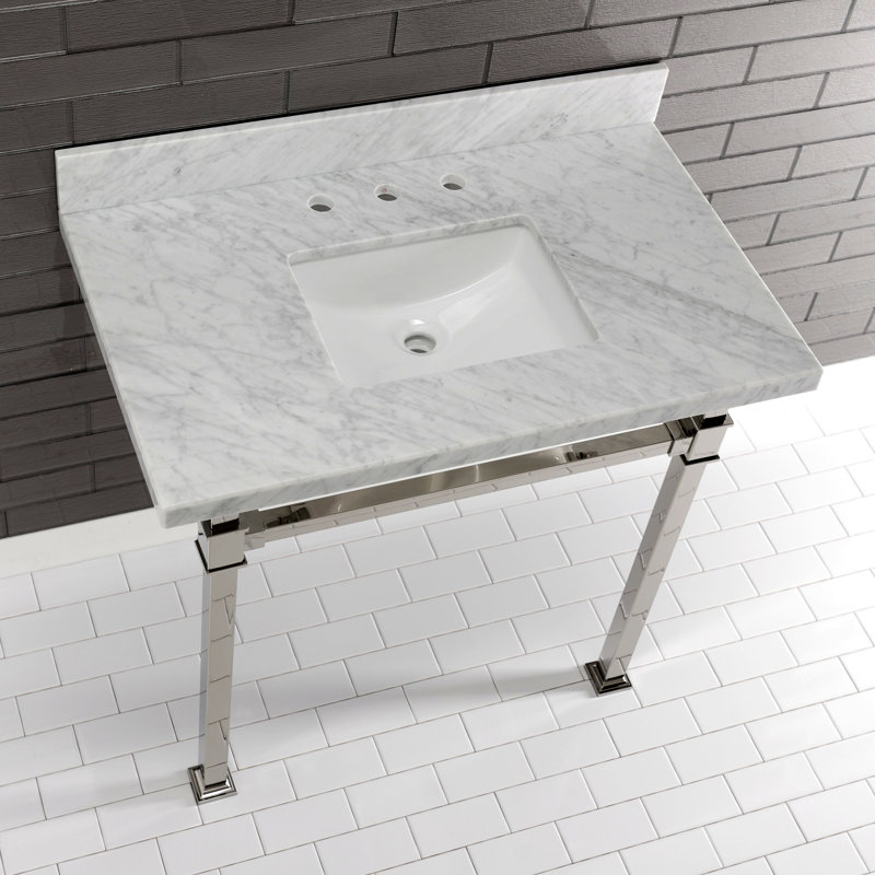 Kingston Brass Monarch 36-Inch Carrara Marble Console Sink with Stainless Steel Legs (8-Inch, 3-Hole)