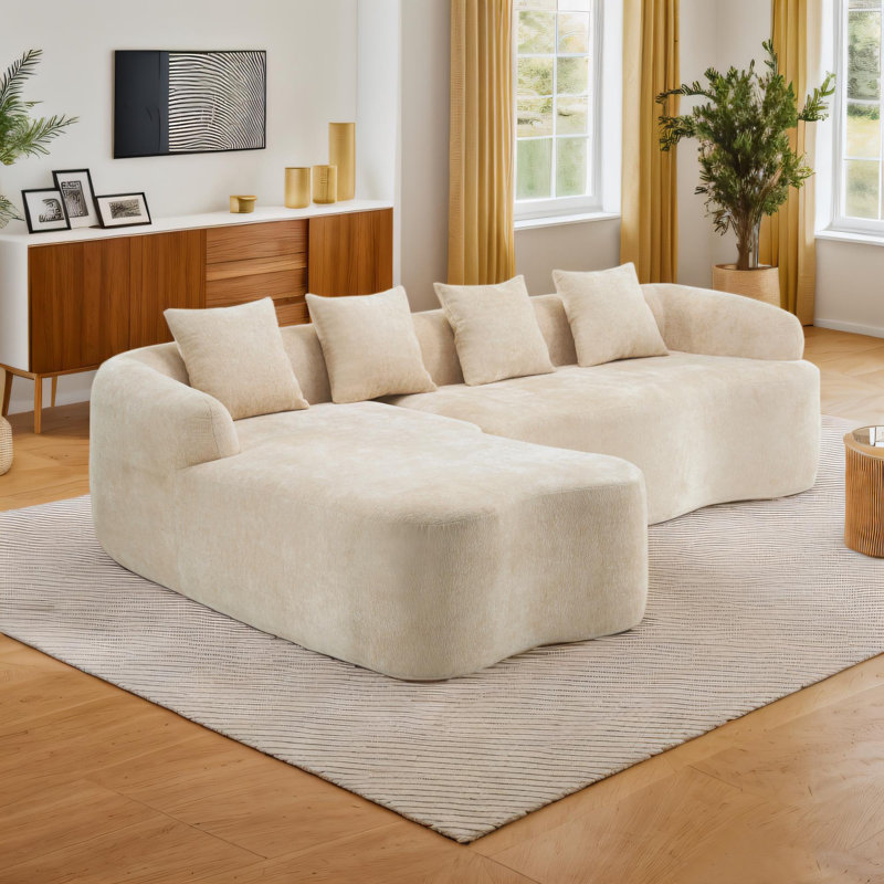 104.7" Full Compression L-Shaped Sectional Sofa with Curved Chaise,Comfy Modular Chenille Couch.No Assembly, Beige