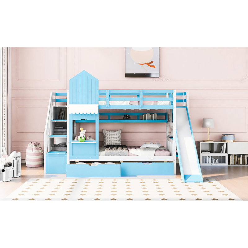 Blue Twintwin Bunk Bed Featuring 2 Drawers, 3 Shelves And Slide. Robust Wood Frame For Over 6 Years. 106.3In.L X 76.6In.W 72.8In.H. 250Lbs Capacity Per Bed. Box Spring Not Included With Build 6.