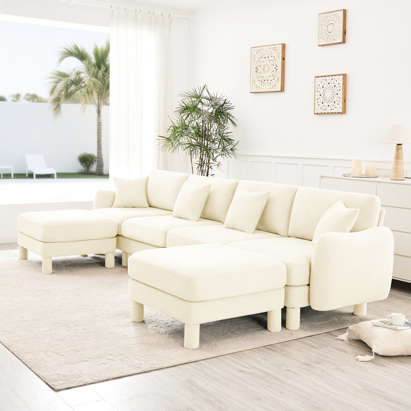 Tissu en U beige à 4 places avec coquille en forme de coquille, pieds cylindriques et canapé-lit modulaire rembourré, 2 repose-pieds mobiles pour les soirées cinéma