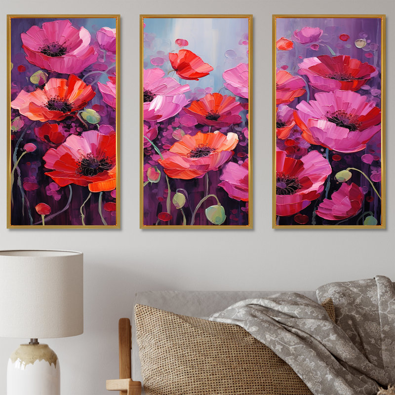 Magenta Poppy Fields Magic - Poppies, ensemble d'art sur toile, Cadre flottant doré, H 40 po x l 60 po x P 1 po
