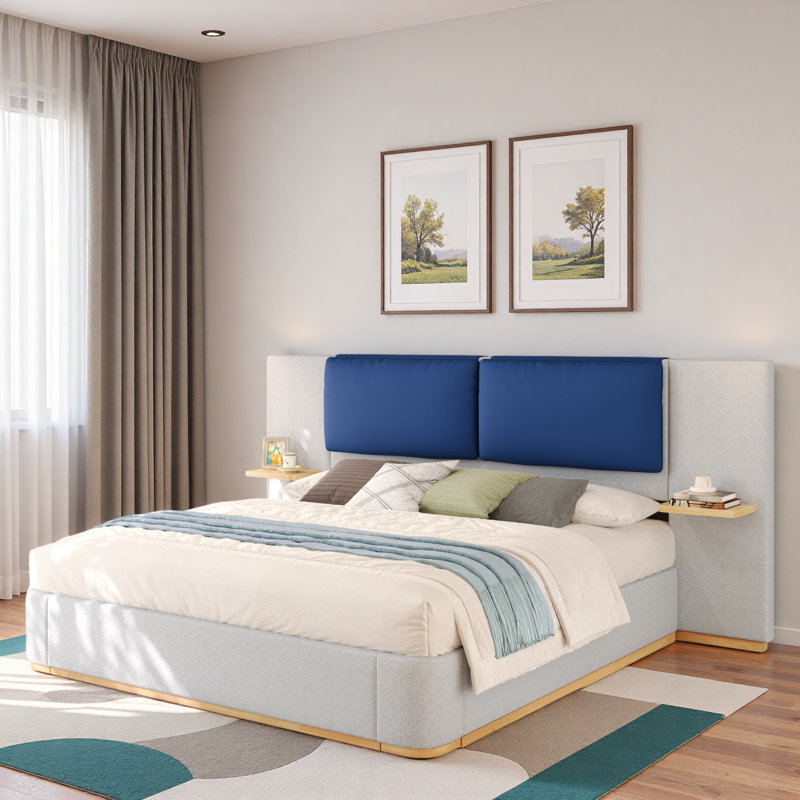 Lit plateforme tapissier avec tablettes, Gris/bleu marine, Grand lit