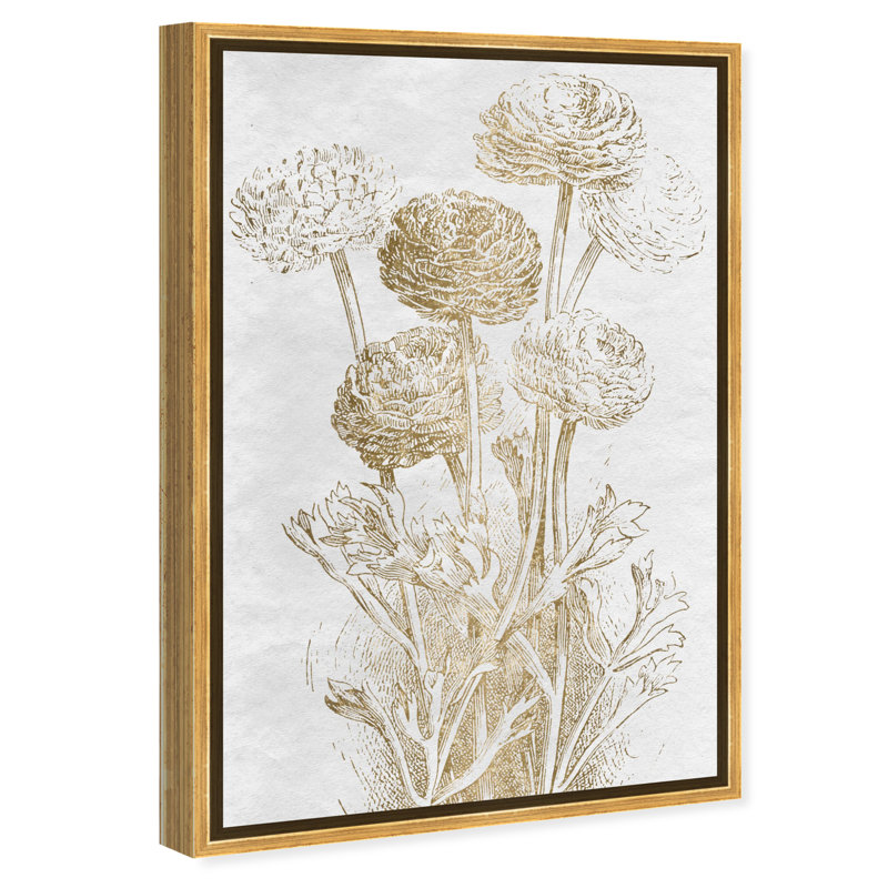 Dahlia et jonquille, croquis de bordure - impression, Encadrement doré, H 24 po x l 16 po