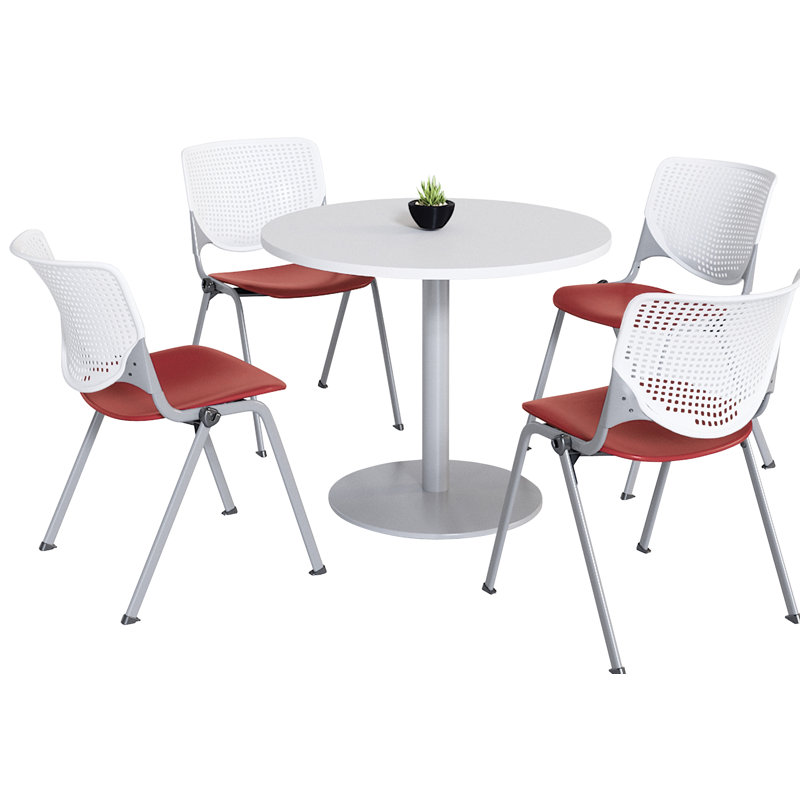 Mode Round Breakroom Table Set With 4 Kool Stacking Chairs, 29" H x 42" L x 42" W, White/White/Coral