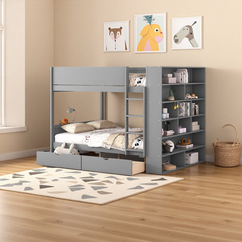 Lit superposé avec 2 tiroirs et armoire à couches multiples, Gris, Lit superposé double sur double