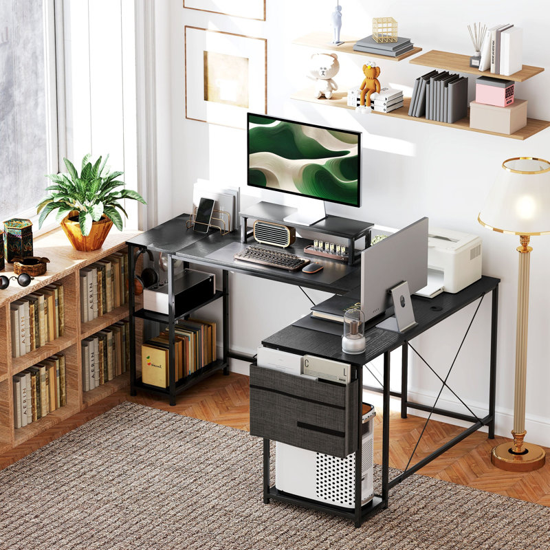 L-Shaped Metal Base Computer Desk, Black