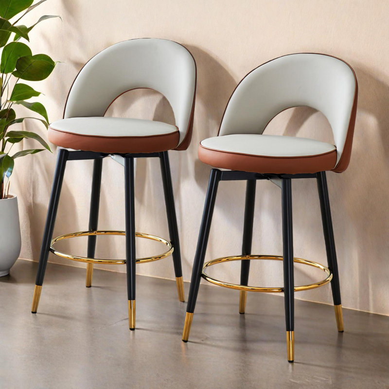 Ensemble de 2 chaises de bar rotatives avec siège rembourré en polyuréthane et pieds en métal, Brun / Gris