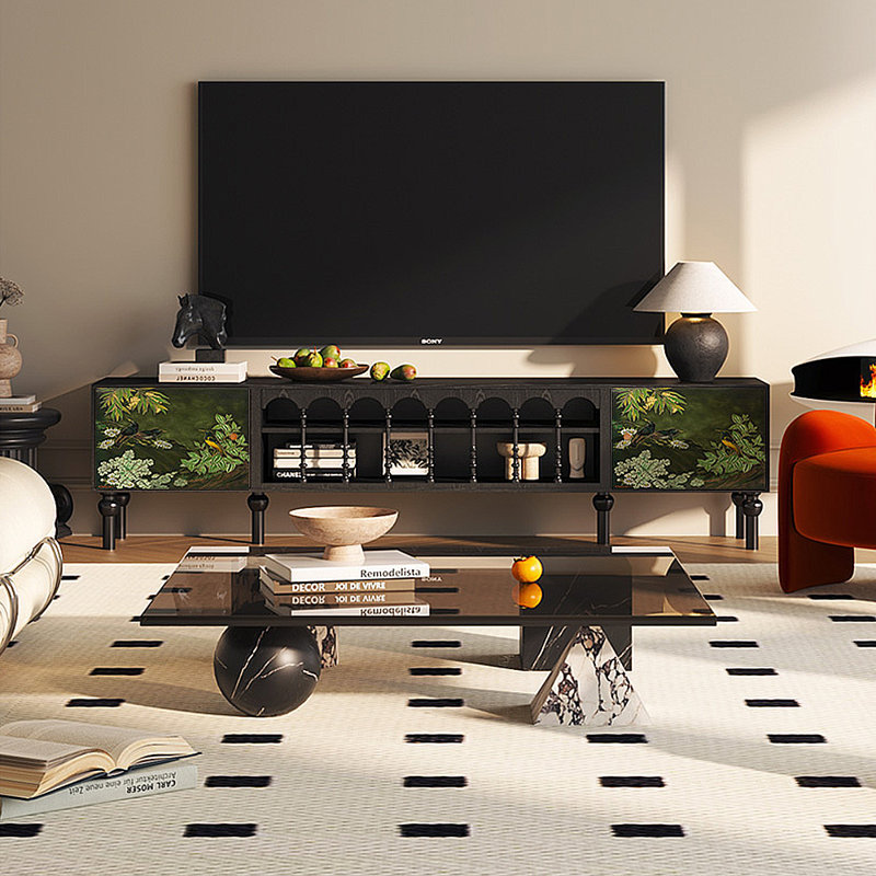 Meuble télé avec rangement peint français rétro, H 21,26 po x L 78,74 po x l 15,75 po, Noir
