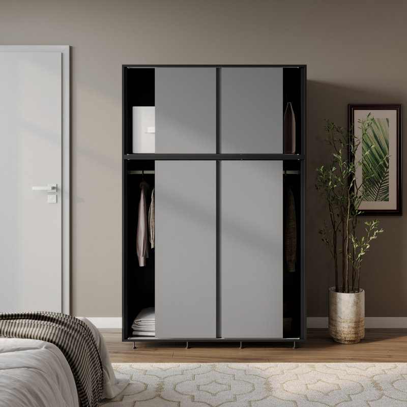 2 Sliding Doors Wardrobe 2 Drawer Bedroom Clothes Hanging Rail Grey Carcass with Black Doors Storage Cupboard, Black/Gray