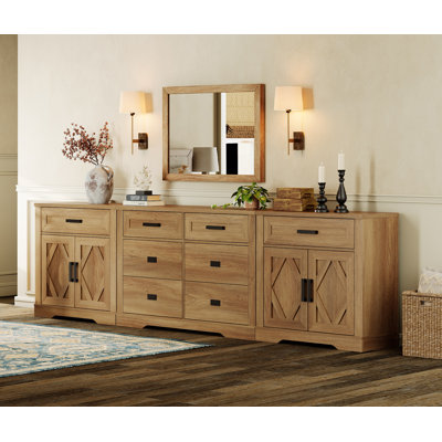 Glenford 110.2"W Large Modern Farmhouse Accent Cabinet With Barn Doors & Drawers, Scratch-Resistant Tree Bark
