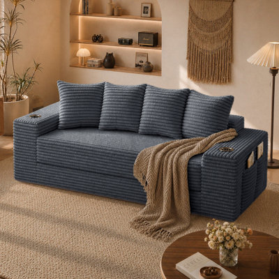77'' Futon Couch Bed, Boneless Sofa for Living Room, Corduroy Convertible Futon Sofa Bed with Cup Holders & Storage Pocket, Modular Sleeper Couch in a Box, No Assembly (Gray)