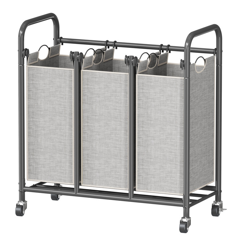 3-Bag Laundry Sorter, Laundry Hamper Cart with Heavy Duty Rolling Lockable Wheels and Removable Bags, Laundry Organizer Basket Clothes Separator Hamper, Grey