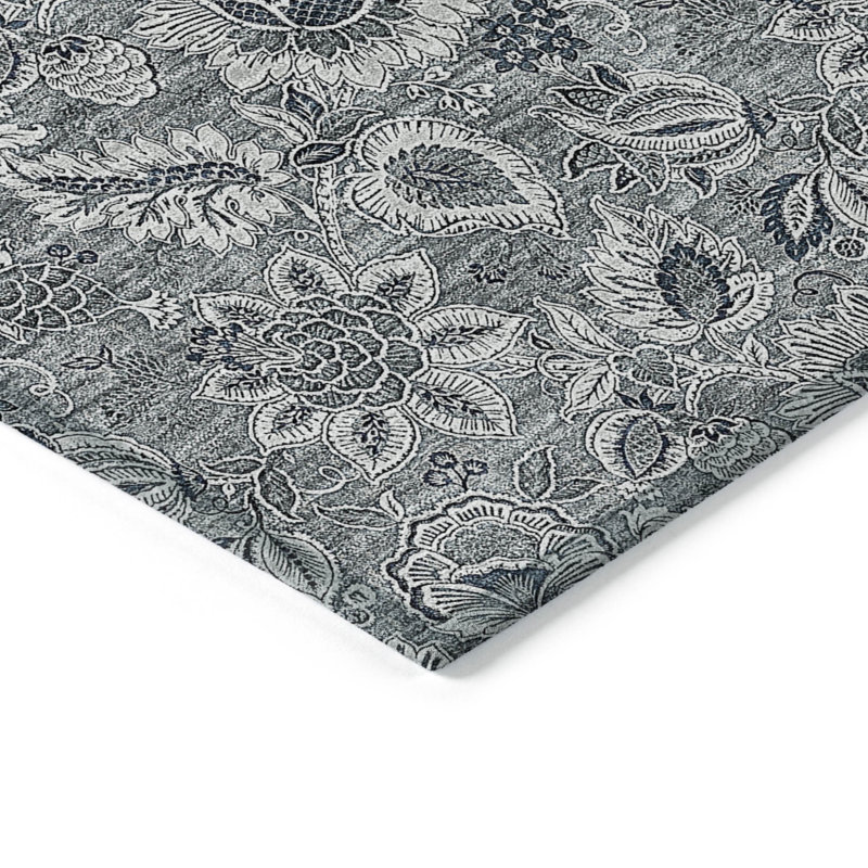 3' X 5' Gray Silver And Charcoal Floral Washable Indoor Outdoor Area Rug