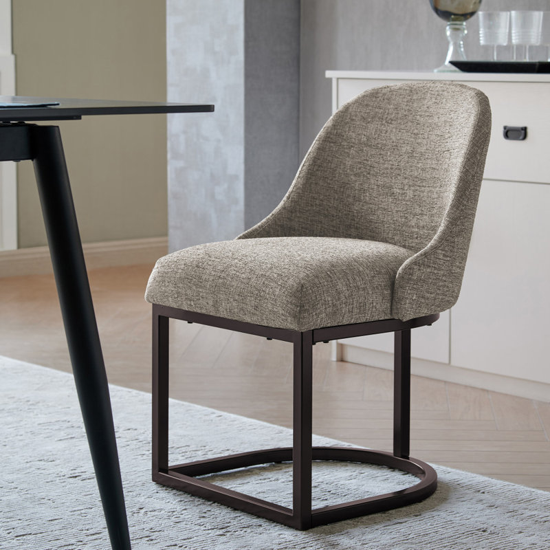 Borgos Linen Upholstered Barrelback Metal Base Dining Chair, Espresso, Gray