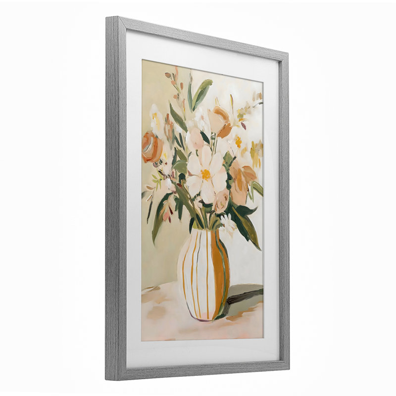 Vase rose pêche avec fleurs, reproduction encadrée sous verre, design by Creative Studio, Cadre de ferme gris