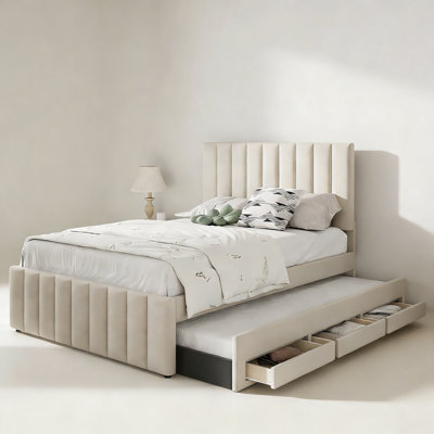 Lit plateforme tapissier double avec lit gigogne simple et 3 tiroirs, tissu en lin