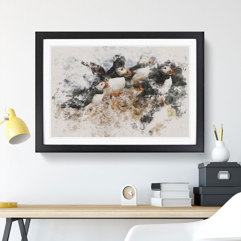 Atlantic Puffin Birds Vol.3 Watercolour - Picture Frame Graphic Art on MDF, 48cm H x 65cm W x 2cm D, Black