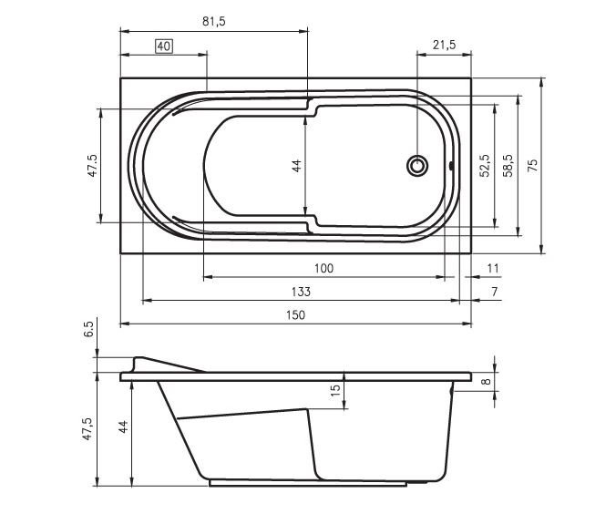 x Soaking Acrylic Bathtub, 75cm H x 165cm L x 85cm D