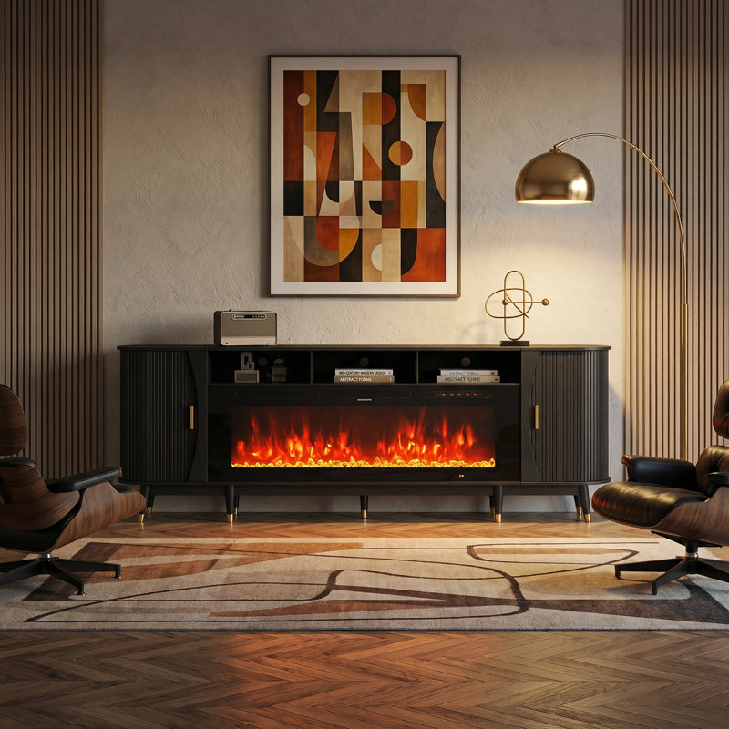 97"W Black Modern TV Stand With 60" Electric Fireplace For Tvs Up To 100", Tambour Door Media Console Cabinet, Fluted Entertainment Center