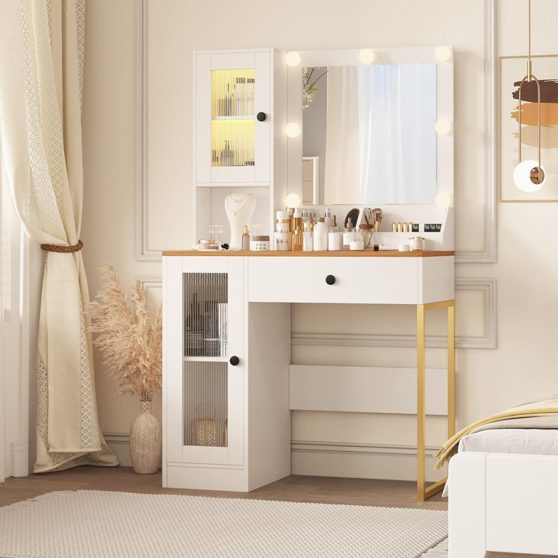 Bureau de maquillage avec miroir et lumières, coiffeuse avec station de charge, coiffeuse en bois RVB Lights pour chambre à coucher