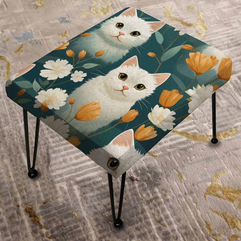 Motif de chat Blossoms sarcelle et blanc pour enfant - Repose-pieds rectangulaire imprimé animal