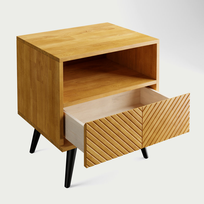 Rhombus Solid Rubber Wood Nightstand with Drawer & Open Shelf, Teak Brown