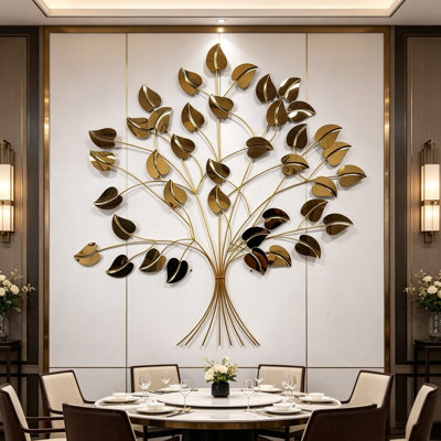 Metal Tree Wall Decor, Large Golden Leaf Hanging Sculpture