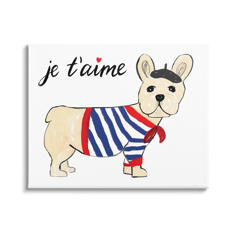 «Je T'aime», chien français portant un béret par Heather Strianese - peinture, H 16 po x l 20 po x P 1,5 po, Toile tendue