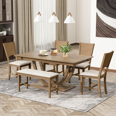 Ensemble de table de salle à manger 6 pièces en bois avec banc long et 4 chaises, style moderne