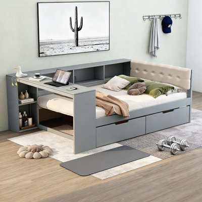Wood Full Size Platform Bed With Storage Shelves